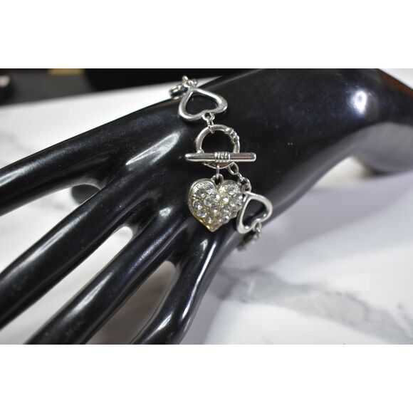 Silver Tone Heart Link Bracelet with Rhinestones - Size 7 - Picture 1 of 8